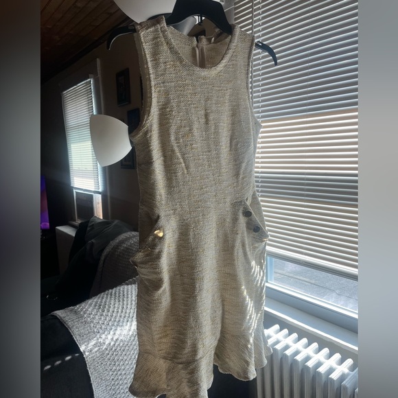 LOFT Dresses & Skirts - LOFT Dress Tweed Flounce Pocket Gold Button Sailor Knit Textured